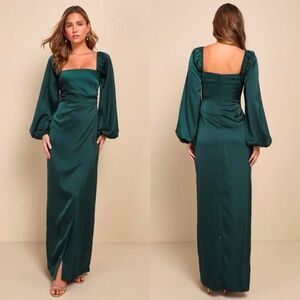 NWT Lulu's Eternal Heart Emerald Green Satin Long Sleeve Maxi Dress